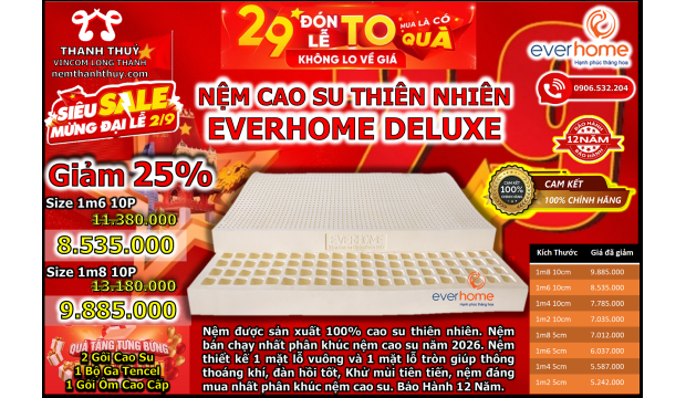 Giảm 25% và bộ quà tặng 8 món cho nệm cao su thiên nhiên Everhome deluxe