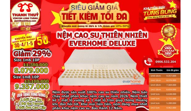 Giảm 29% và bộ quà tặng 8 món cho nệm cao su thiên nhiên Everhome deluxe