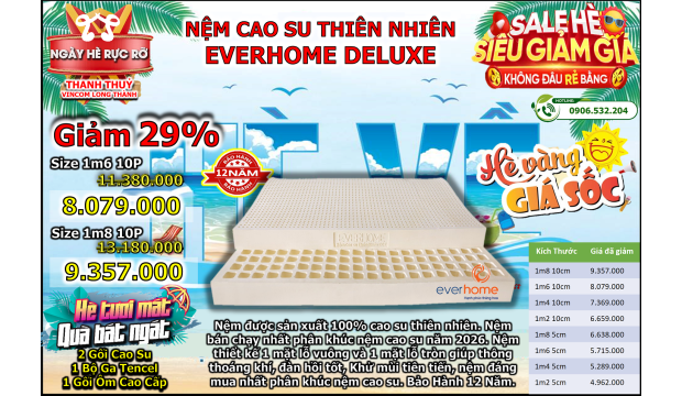 Giảm 29% và bộ quà tặng 8 món cho nệm cao su thiên nhiên Everhome deluxe