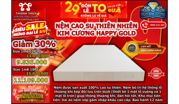 Nệm Cao Su Kim Cương Giảm 30% và Tặng quà 2tr240