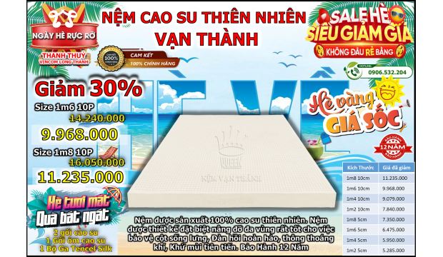 Giảm Ngay 30% Nệm Cao Su Vạn Thành