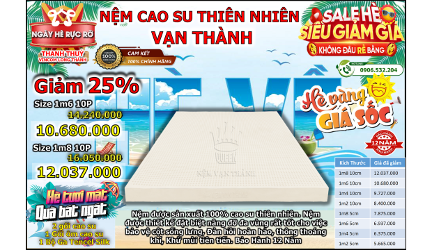 Giảm Ngay 25% Nệm Cao Su Vạn Thành