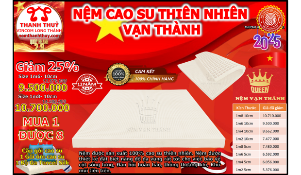 Giảm Ngay 25% Nệm Cao Su Vạn Thành