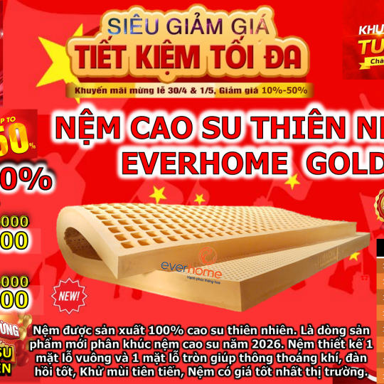 Nệm Cao Su Thiên Nhiên 100% Everhome Gold