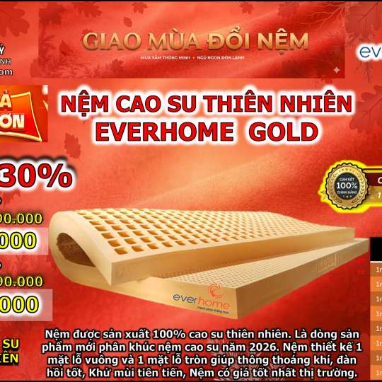 Nệm Cao Su Thiên Nhiên 100% Everhome Gold