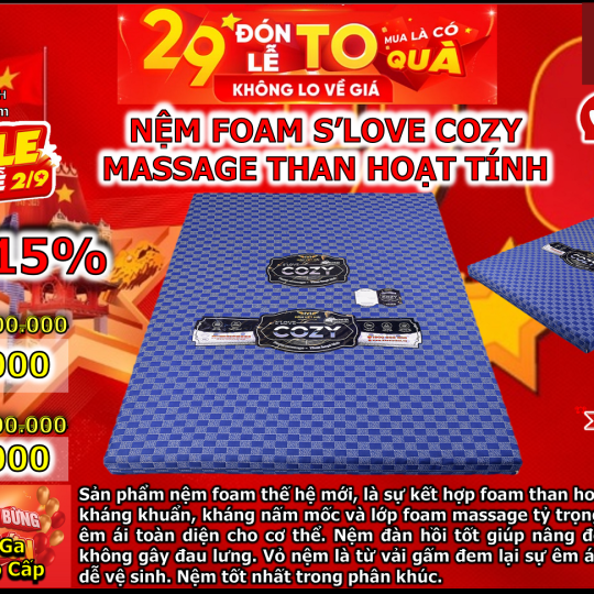 Nệm Foam S'Love Cozy Massage Than Hoạt Tính