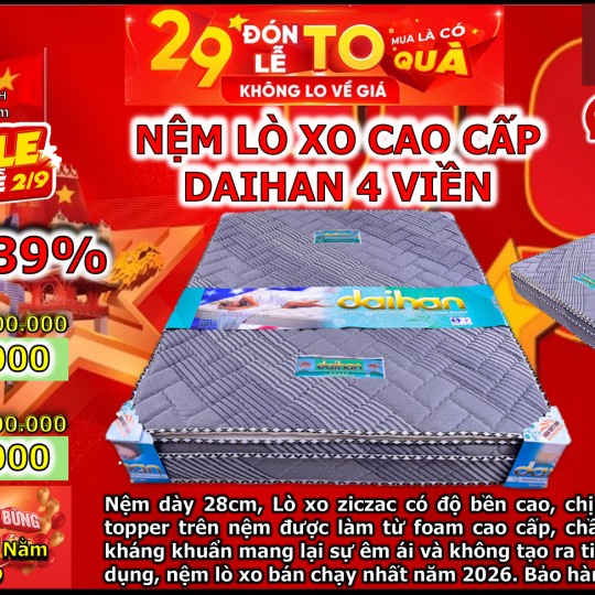 Nệm Lò Xo Túi Daihan 4 Viền
