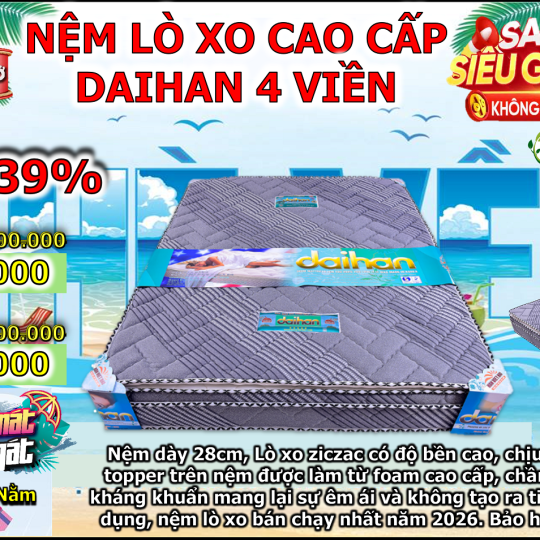Nệm Lò Xo Túi Daihan 4 Viền