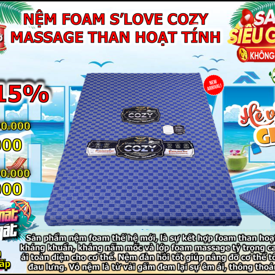 Nệm Foam S'Love Cozy Massage Than Hoạt Tính